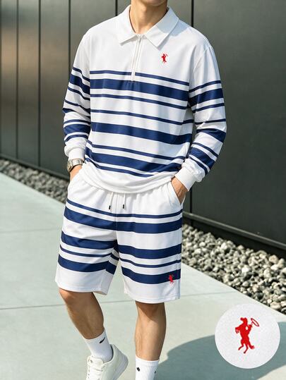 Teen Boys Blue & White Striped Polo Shirt With Turn-Down Collar And Half-Zip, Fresh And Clean With Small Red Horse Print On Chest, Casual And Relaxed, Suitable For Light Gray Canvas Shoes, White & Blue Colorblock Sneakers, Campus, Commuting, Outings, Park Walks, Short Trips, Shopping, Light Sports, Beach Vacation, Back To School
