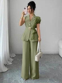 Elenzga 女士优雅杏色奢华正式礼服套装，亮片欧根纱荷叶边领系腰西装外套套装，包括无袖外套和直筒裤，酒红色，适合万圣节、圣诞节、新年派对、毕业典礼、婚礼和其他场合。 - 綠色 - 查看 7
