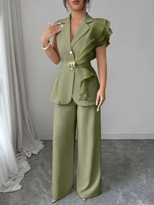 Elenzga 女士优雅杏色奢华正式礼服套装，亮片欧根纱荷叶边领系腰西装外套套装，包括无袖外套和直筒裤，酒红色，适合万圣节、圣诞节、新年派对、毕业典礼、婚礼和其他场合。 - 綠色 - 查看 3