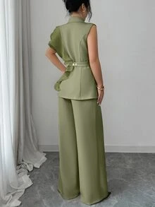 Elenzga 女士优雅杏色奢华正式礼服套装，亮片欧根纱荷叶边领系腰西装外套套装，包括无袖外套和直筒裤，酒红色，适合万圣节、圣诞节、新年派对、毕业典礼、婚礼和其他场合。 - 綠色 - 查看 2