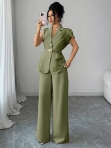 Elenzga 女士优雅杏色奢华正式礼服套装，亮片欧根纱荷叶边领系腰西装外套套装，包括无袖外套和直筒裤，酒红色，适合万圣节、圣诞节、新年派对、毕业典礼、婚礼和其他场合。 - 綠色 - 查看 4