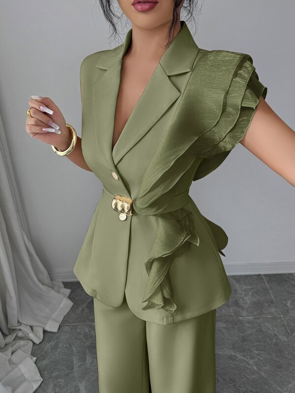 SHEIN Elenzya Women's Elegant Party Sage Green Autumn Luxury Dress Suit,Sequin Organza Ruffle Collar Tie Waist Sleeveless Blazer&Straight Leg Pants Set,Burgundy