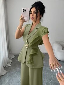 Elenzga 女士优雅杏色奢华正式礼服套装，亮片欧根纱荷叶边领系腰西装外套套装，包括无袖外套和直筒裤，酒红色，适合万圣节、圣诞节、新年派对、毕业典礼、婚礼和其他场合。 - 綠色 - 查看 5