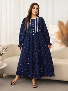 Lacomfia Gaun Kasual Motif Bunga Kecil Lengan Panjang Longgar Ukuran Plus untuk Musim Semi dan Gugur - Navy Blue - View 4