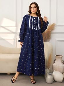 Lacomfia Gaun Kasual Motif Bunga Kecil Lengan Panjang Longgar Ukuran Plus untuk Musim Semi dan Gugur - Navy Blue - View 7