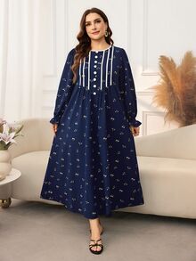 Lacomfia Gaun Kasual Motif Bunga Kecil Lengan Panjang Longgar Ukuran Plus untuk Musim Semi dan Gugur - Navy Blue - View 6