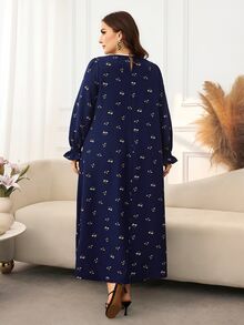 Lacomfia Gaun Kasual Motif Bunga Kecil Lengan Panjang Longgar Ukuran Plus untuk Musim Semi dan Gugur - Navy Blue - View 2