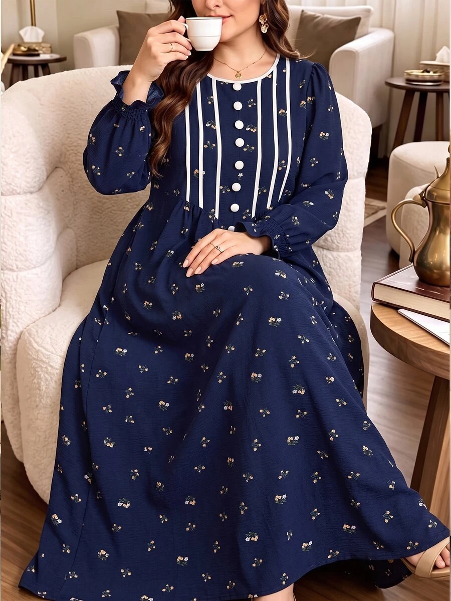 Lacomfia Gaun Kasual Motif Bunga Kecil Lengan Panjang Longgar Ukuran Plus untuk Musim Semi dan Gugur - Navy Blue - View 1