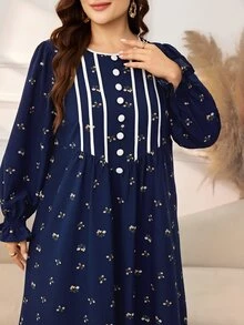 Lacomfia Gaun Kasual Motif Bunga Kecil Lengan Panjang Longgar Ukuran Plus untuk Musim Semi dan Gugur - Navy Blue - View 3