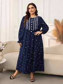 Lacomfia Gaun Kasual Motif Bunga Kecil Lengan Panjang Longgar Ukuran Plus untuk Musim Semi dan Gugur - Navy Blue - View 5