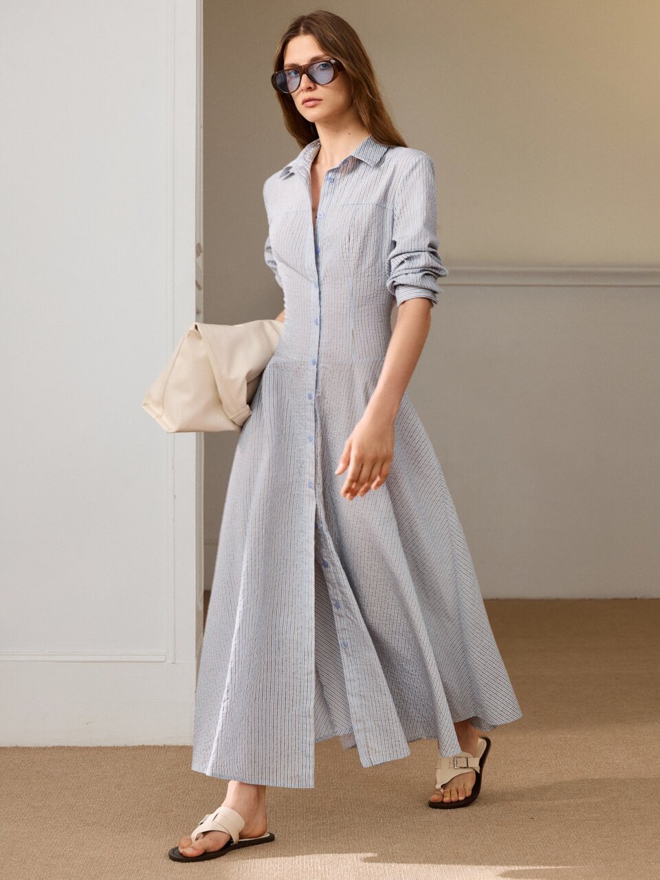 Anewsta Essential Women's Autumn/Winter New Fashion Modern Lapel Waist-Cinching Blue Striped Long Dress, Blue Dress, Daily Commute Office, Holiday Party, Date, Vacation Travel, Elegant Dresses For Women, Striped Dress