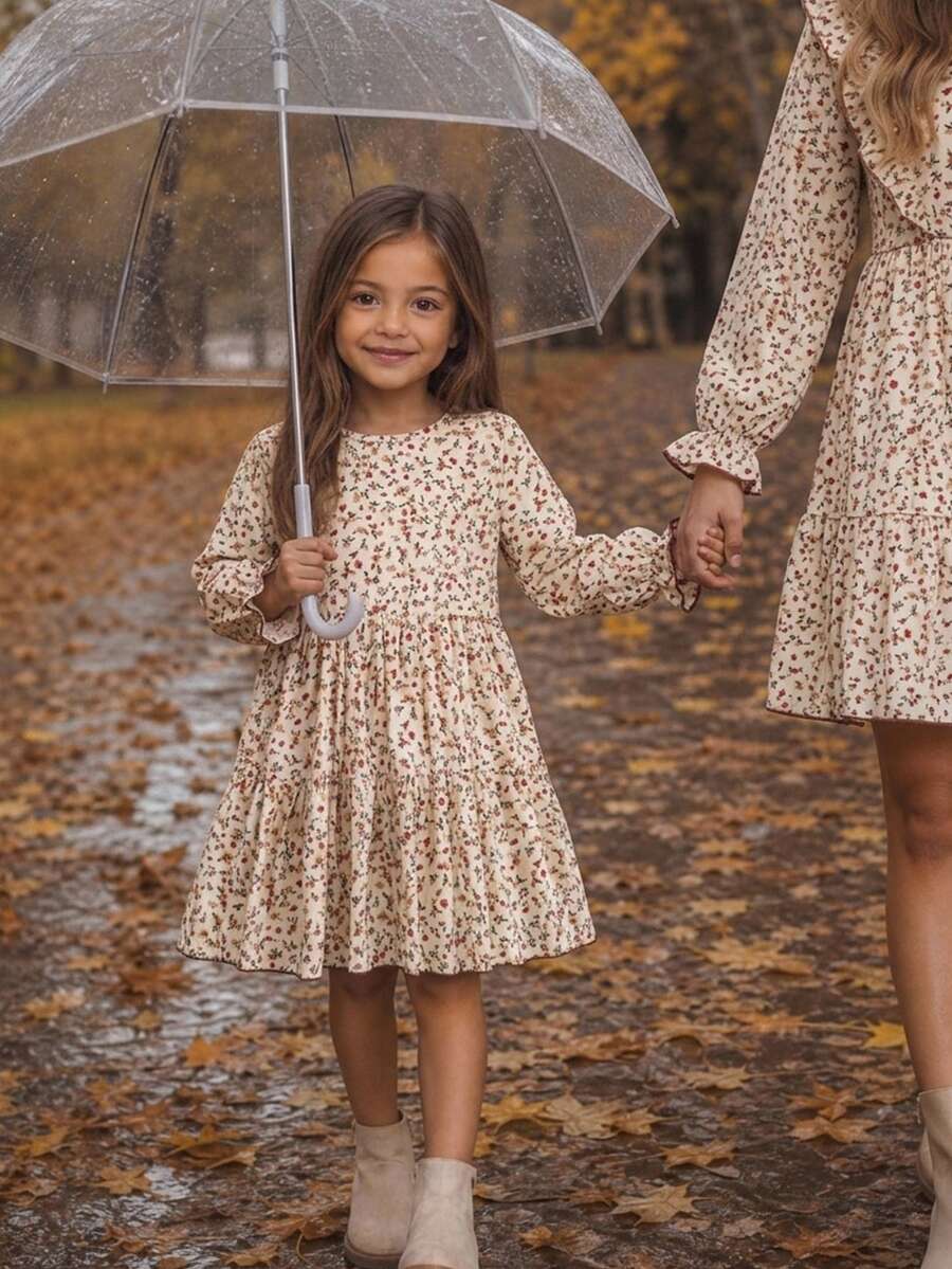 Emery Rose Kids Emery Rose Kids 法式復古碎花女童長袖洋裝,圓領、收腰、抓皺層次裙襬,春/秋季 - 棕色 - 查看 1