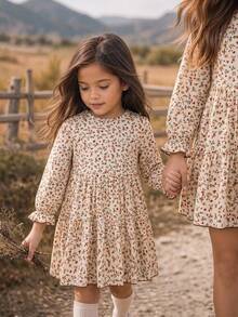 Emery Rose Kids Emery Rose Kids 法式復古碎花女童長袖洋裝，圓領、收腰、抓皺層次裙襬，春/秋季 - 棕色 - 查看 3