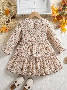 Emery Rose Kids Emery Rose Kids 法式復古碎花女童長袖洋裝，圓領、收腰、抓皺層次裙襬，春/秋季 - 棕色 - 查看 7