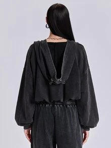 ROMWE 春秋冬季休閒街頭風 Y2K 寬鬆連帽衛衣，附金屬環穿孔與破洞做舊設計 - 黑色 - 查看 4