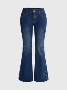 ROMWE Hippie Women's Vintage 3D Floral Washed Mermaid Tail Denim Jeans, Autumn/Winter - Multicolor - View 1