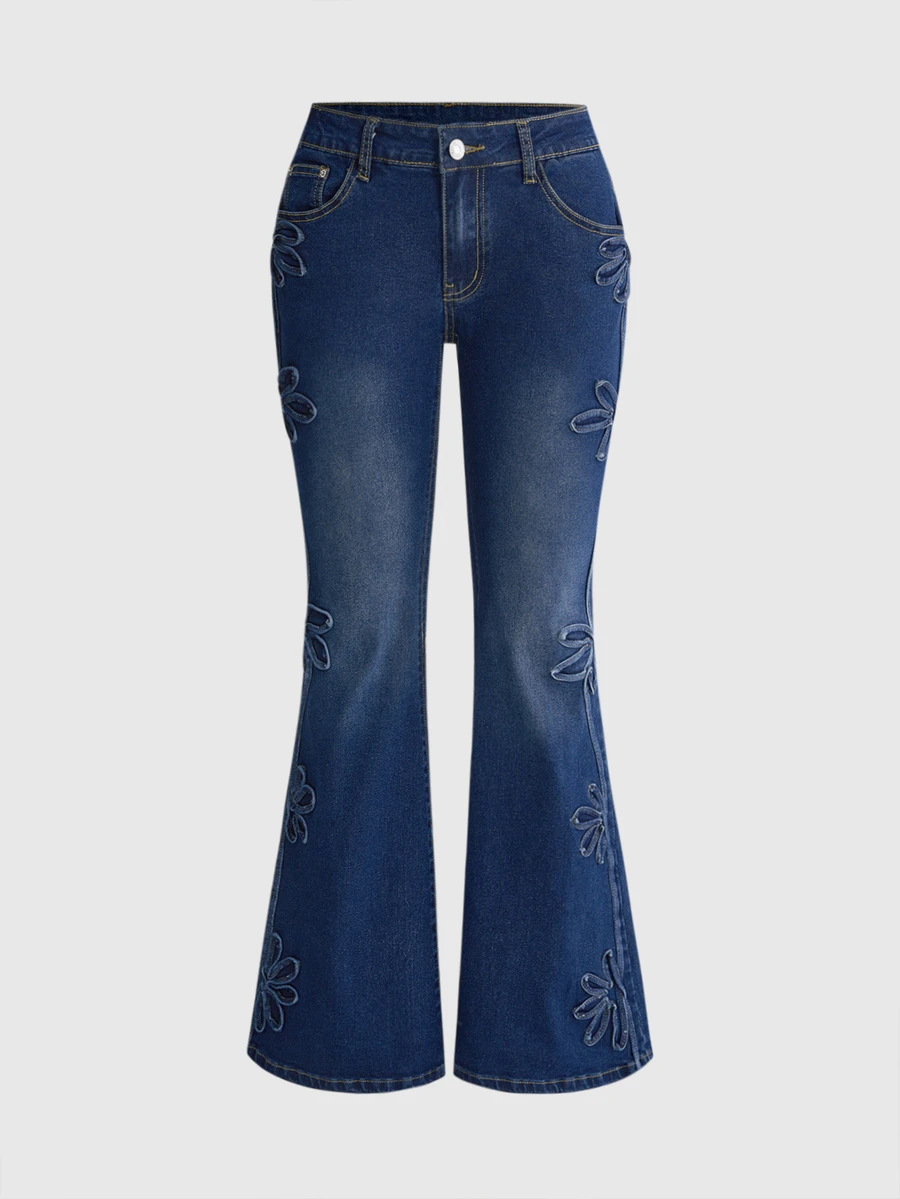 ROMWE Hippie Women's Vintage 3D Floral Washed Mermaid Tail Denim Jeans, Autumn/Winter - Multicolor - View 1
