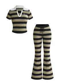 ROMWE Grunge Punk Women's Casual Stretch Comfortable Striped Embroidered Lapel Low Waist Flare Pants & Sweater 2 Pieces Set - Dark Grey - View 1