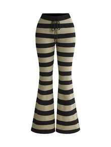 ROMWE Grunge Punk Women's Casual Stretch Comfortable Striped Embroidered Lapel Low Waist Flare Pants & Sweater 2 Pieces Set - Dark Grey - View 5