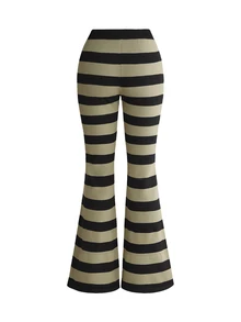 ROMWE Grunge Punk Women's Casual Stretch Comfortable Striped Embroidered Lapel Low Waist Flare Pants & Sweater 2 Pieces Set - Dark Grey - View 6
