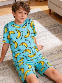 SHEIN Kids/Tween Boy Snug Fit Cartoon Banana Print Casual Minimalist Comfortable Round Neck Short Sleeve Shorts Pajama Set, Suitable For Spring/Summer - Green - View 5