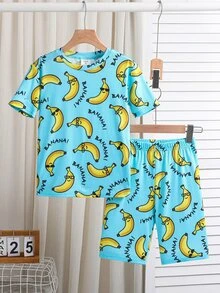 SHEIN Kids/Tween Boy Snug Fit Cartoon Banana Print Casual Minimalist Comfortable Round Neck Short Sleeve Shorts Pajama Set, Suitable For Spring/Summer - Green - View 3