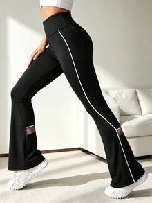 StreetHx Women's Striped Mesh Patchwork Sports Long Pants Gym Running Black Summer - Black - View 8