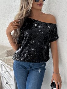 EMERY ROSE Asymmetrical Neck Sequin Decor Blouse Party Club Black Summer Sexy - Black - View 3