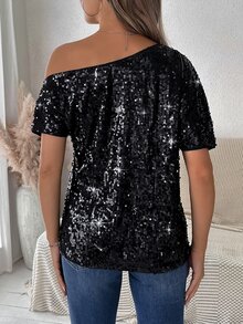 EMERY ROSE Asymmetrical Neck Sequin Decor Blouse Party Club Black Summer Sexy - Black - View 5