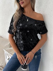 EMERY ROSE Asymmetrical Neck Sequin Decor Blouse Party Club Black Summer Sexy - Black - View 4