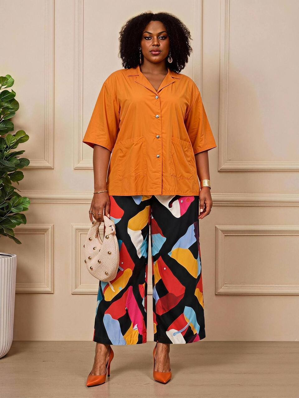 Plus Size Women's Notch Lapel Button Shirt And Allover Print Wide Leg Pants Set Fall 2026