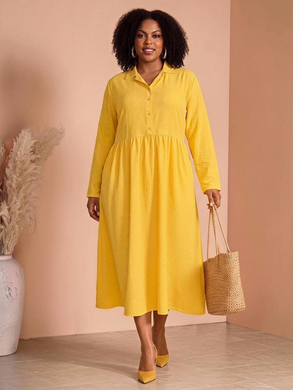 Plus Size Women's Yellow Lapel Neck Button Front Pocket Three-Quarter Sleeve Dress Fall 2026