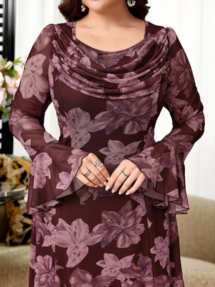 Reflora Plus Size Women's Floral Print Pleated Flare Sleeve Elegant Dress Fall - Green - View 9
