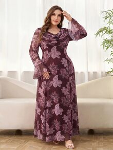 Reflora 大尺碼女款花卉印花百褶喇叭袖優雅洋裝，深紫色，適合秋季婚禮、正式場合、洗禮賓客、早午餐 - 綠色 - 查看 6