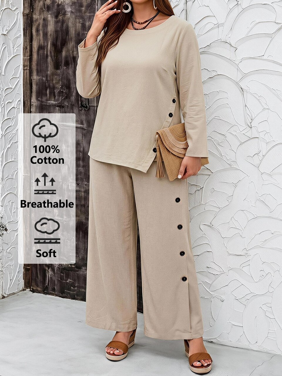 Plus Button Detail Asymmetrical Hem Top & Wide Leg Pants Fall Clothes For Women  Fall Winter 2026