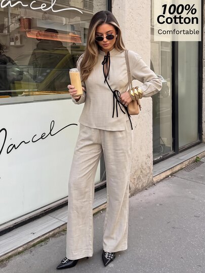 Siren Gaze 100% Cotton Minimalist Chinese-Style Tie-Front Top & High-Waisted Wide-Leg Pants Set – Artsy, Smart-Casual Style For Women