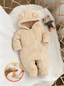 SHEIN 1件裝秋冬款新生兒居家服 黃色柔軟雙面絨毛拉鍊連帽長袖包屁衣連身爬行服 適合男嬰/女嬰 - 杏色 - 查看 9