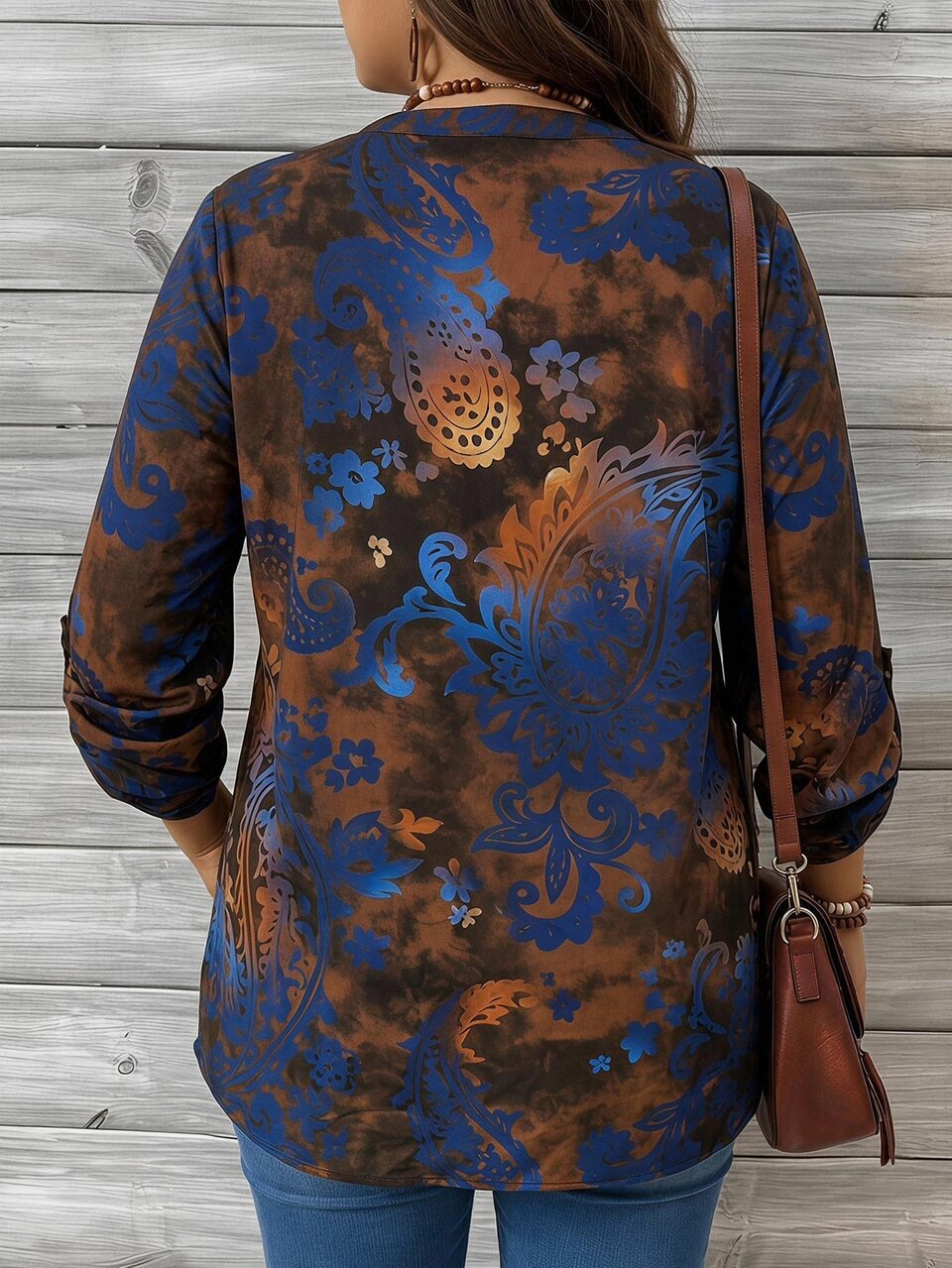 Plus Floral Print Notched Neckline Roll Tab Sleeve Fold Pleated Blouse Fall Clothes For Women  Fall Winter 2026  Women's Country Clothing