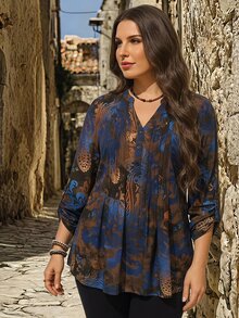 EMERY ROSE Plus Floral Print Notched Neckline Roll Tab Sleeve Fold Pleated Blouse Fall Clothes Women Country Casual Boho Elegant Vacation Chocolate Brown - Multicolor - View 4