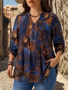 EMERY ROSE Plus Floral Print Notched Neckline Roll Tab Sleeve Fold Pleated Blouse Fall Clothes Women Country Casual Boho Elegant Vacation Chocolate Brown - Multicolor - View 1