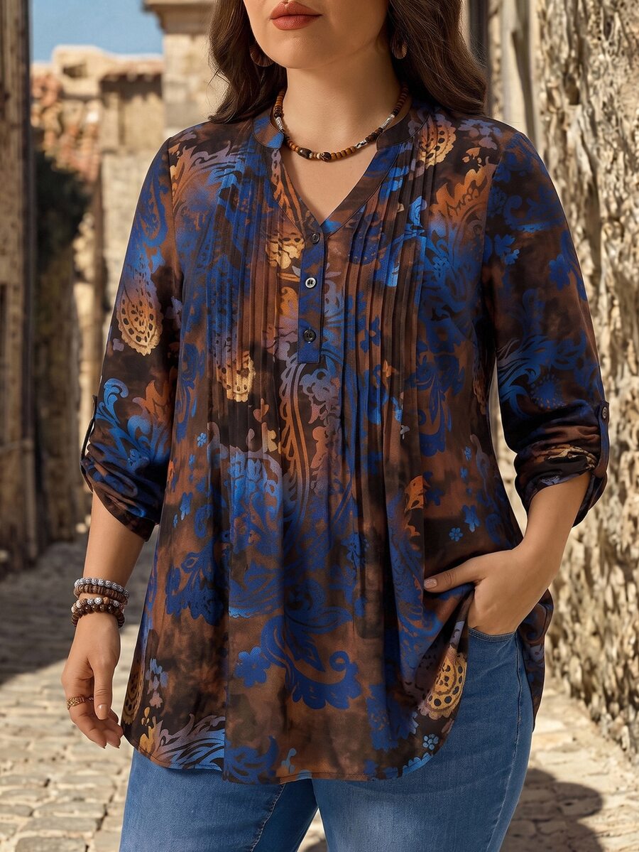EMERY ROSE Plus Floral Print Notched Neckline Roll Tab Sleeve Fold Pleated Blouse Fall Clothes Women Country Casual Boho Elegant Vacation Chocolate Brown - Multicolor - View 1