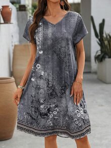 EMERY ROSE 女款夏季短袖連身裙 幾何圖案印花 度假波希米亞風 柔軟修身 奶奶風休閒服飾 黑紅配色 - 灰色 - 查看 4