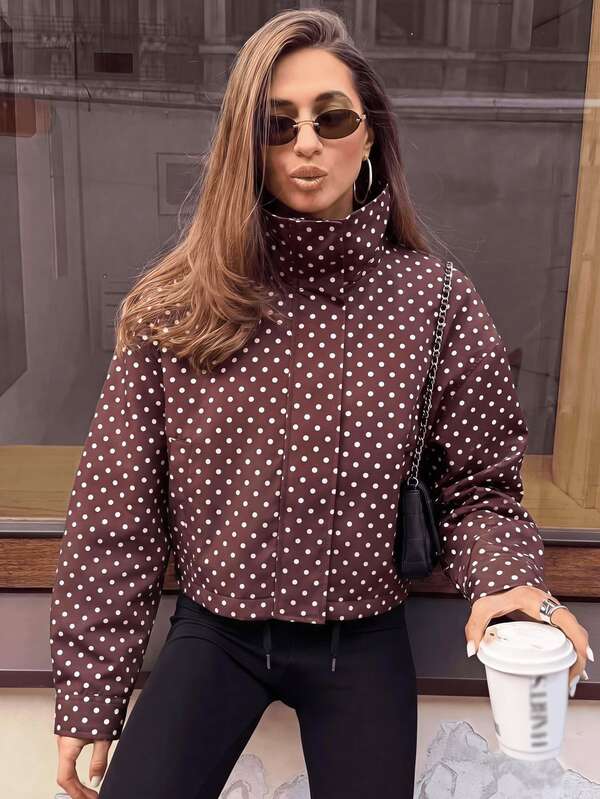 Siren Gaze Women's Brown Polka-Dot Jacket For Autumn And Winter; A Loose, Casual Jacket Featuring A Funnel Neck-Suitable For Outings, Dates, And Commuting