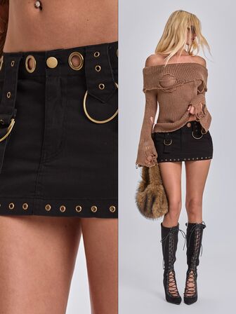 Sommer Y2K Grunge Metall-Ösen-Design gerader Mini-Denim Rock