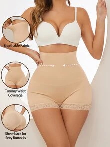 Women's High Waist Tummy Control Lace Spliced Shapewear Panties - Apricot - View 7