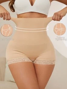 Women's High Waist Tummy Control Lace Spliced Shapewear Panties - Apricot - View 1