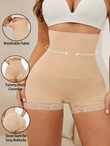 Women's High Waist Tummy Control Lace Spliced Shapewear Panties - Apricot - View 8