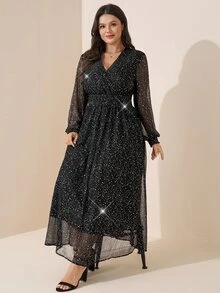 Comfylo 大尺碼女款 V 領亮面百褶休閒派對洋裝 秋季 - 黑色 - 查看 5