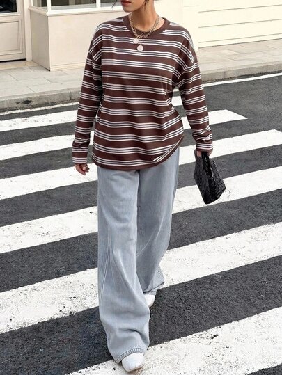 SHEIN Tall Women's Vintage Brown Striped Long Sleeve T-Shirt, Casual Loose Backless Tie-Up Autumn Top, Daily Street Style Y2K Fashion Elegant Outing T-Shirt