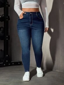 Flexra 女款休閒優雅修身高腰海軍藍日常彈性水洗舒適顯身材牛仔褲 正式時尚週夏季穿搭 - 深色水洗藍 - 查看 11